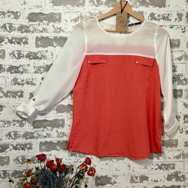 In Style Women's Color Block Long Sleeve Blouse, Coral and Ivory MEDIUM