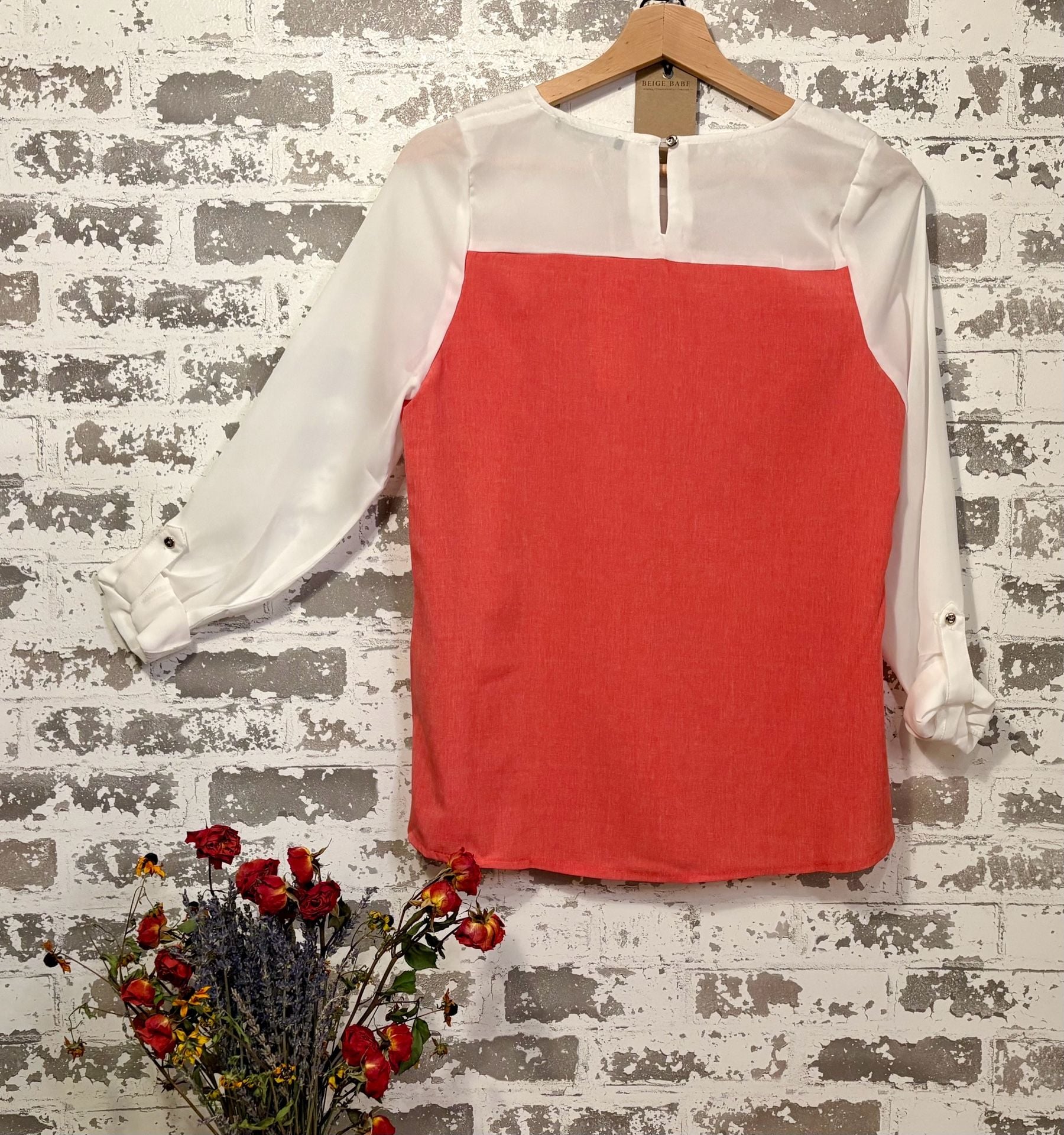In Style Women's Color Block Long Sleeve Blouse, Coral and Ivory MEDIUM 3