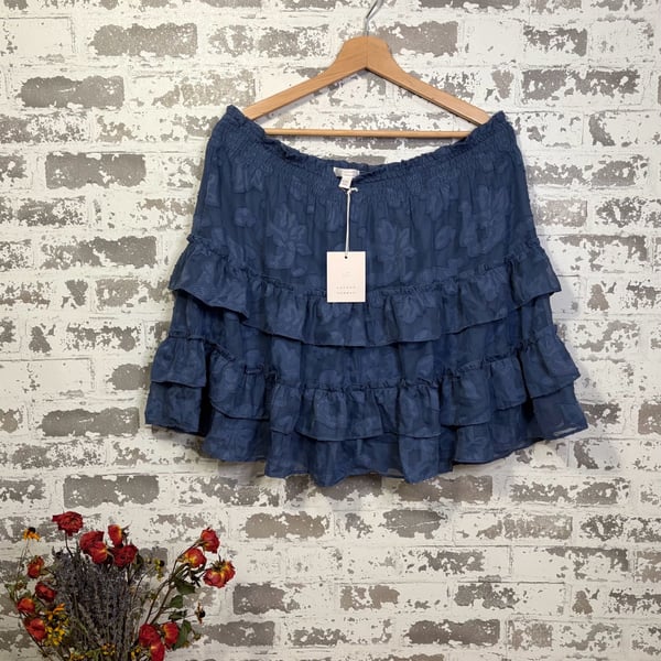 LC Lauren Conrad Blue Floral Jacquard Smocked Waist Ruffle Mini Skirt XXL NWT