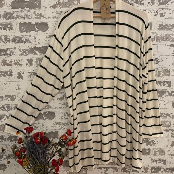 PLUS Dark green and White Stripe Print Open Front Duster Cardigan