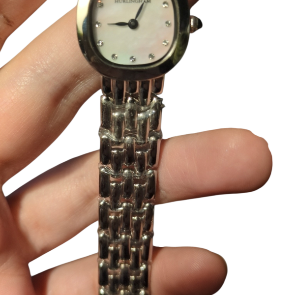 Hurlingham Women's Silver-Tone Oval Bracelet Watch with White Dial and Crystal Hour Markers