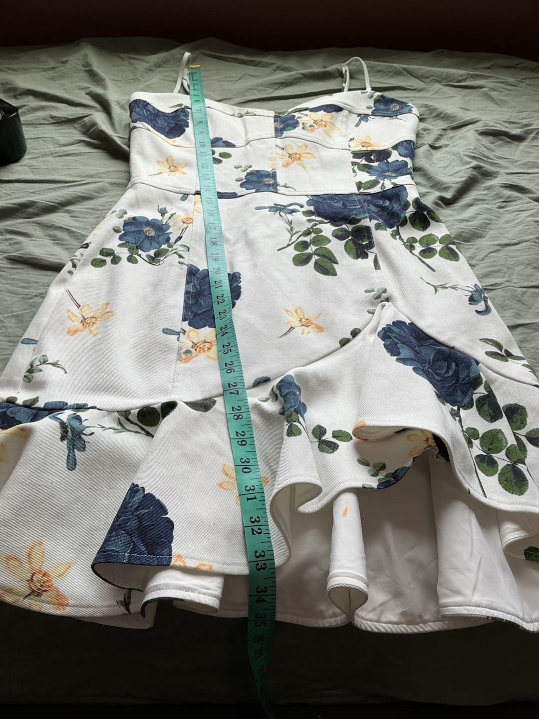 Nicholas Denim Blue Rose Floral Print Frill Mini Dress W8 White/Blue 10