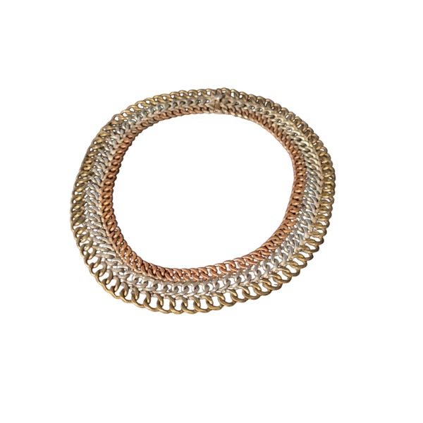 Vintage Mexican Tri-Color Chain Collar Necklace in Brass Copper and Silver Tones