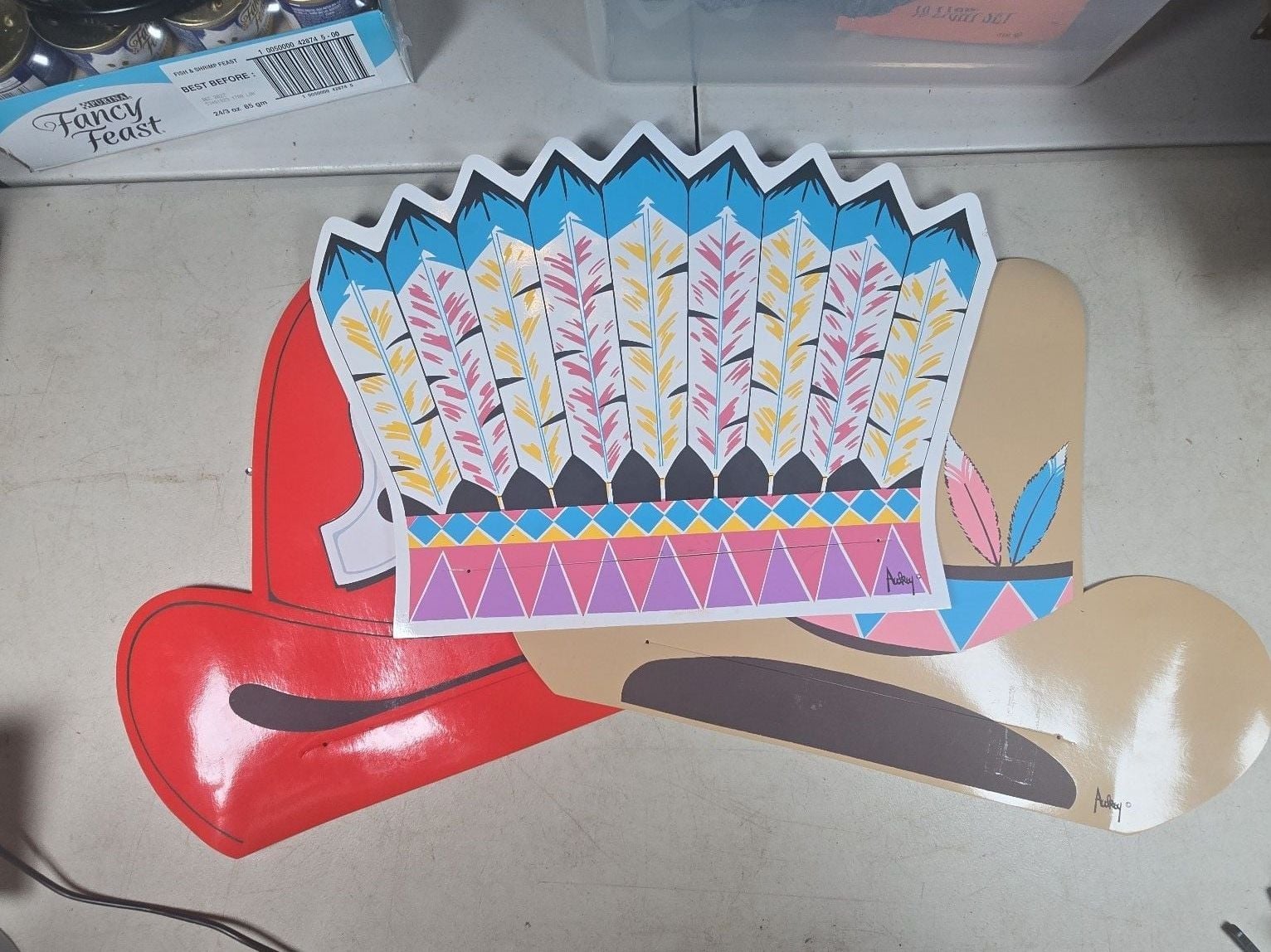Vintage Audrey Fire Helmet, Cowboy Hat, Headdress Die-Cut Placemat hats Set 1