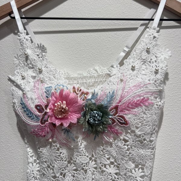 White Lace Crop Top with 3D Floral Beads and Sequins Handmade fits S to M