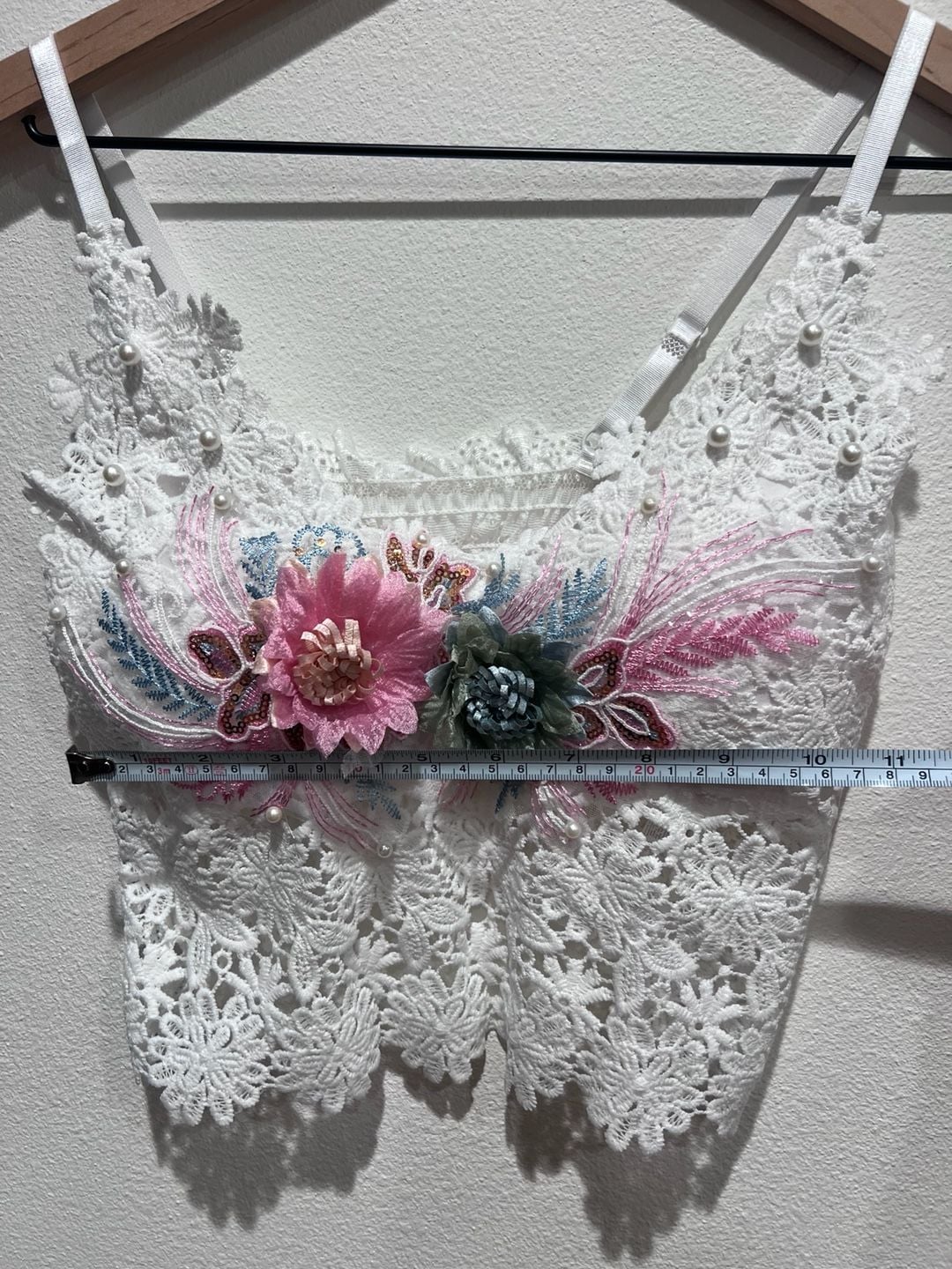 White Lace Crop Top with 3D Floral Beads and Sequins Handmade fits S to M 7