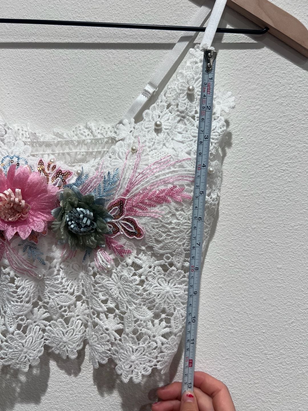 White Lace Crop Top with 3D Floral Beads and Sequins Handmade fits S to M 8