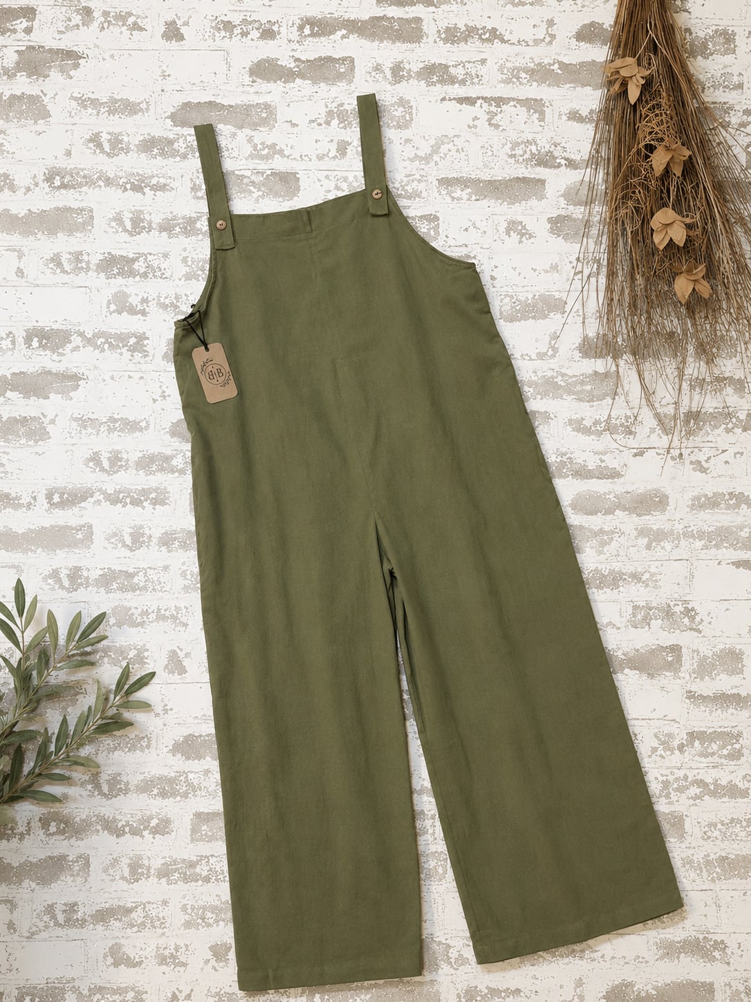 Olive Green Cotton Linen Blend Wide Leg Overalls Jumpsuit 2