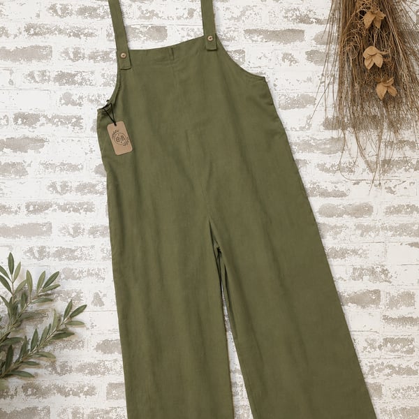 Olive Green Cotton Linen Blend Wide Leg Overalls Jumpsuit