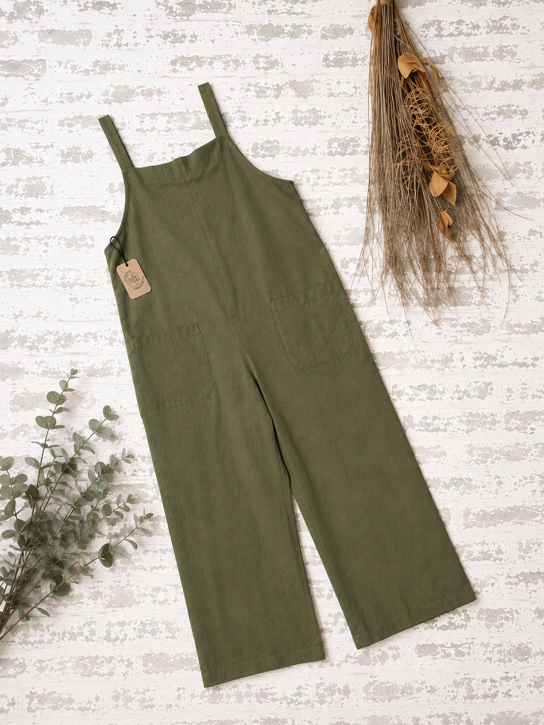 Olive Green Cotton Linen Blend Wide Leg Overalls Jumpsuit 3