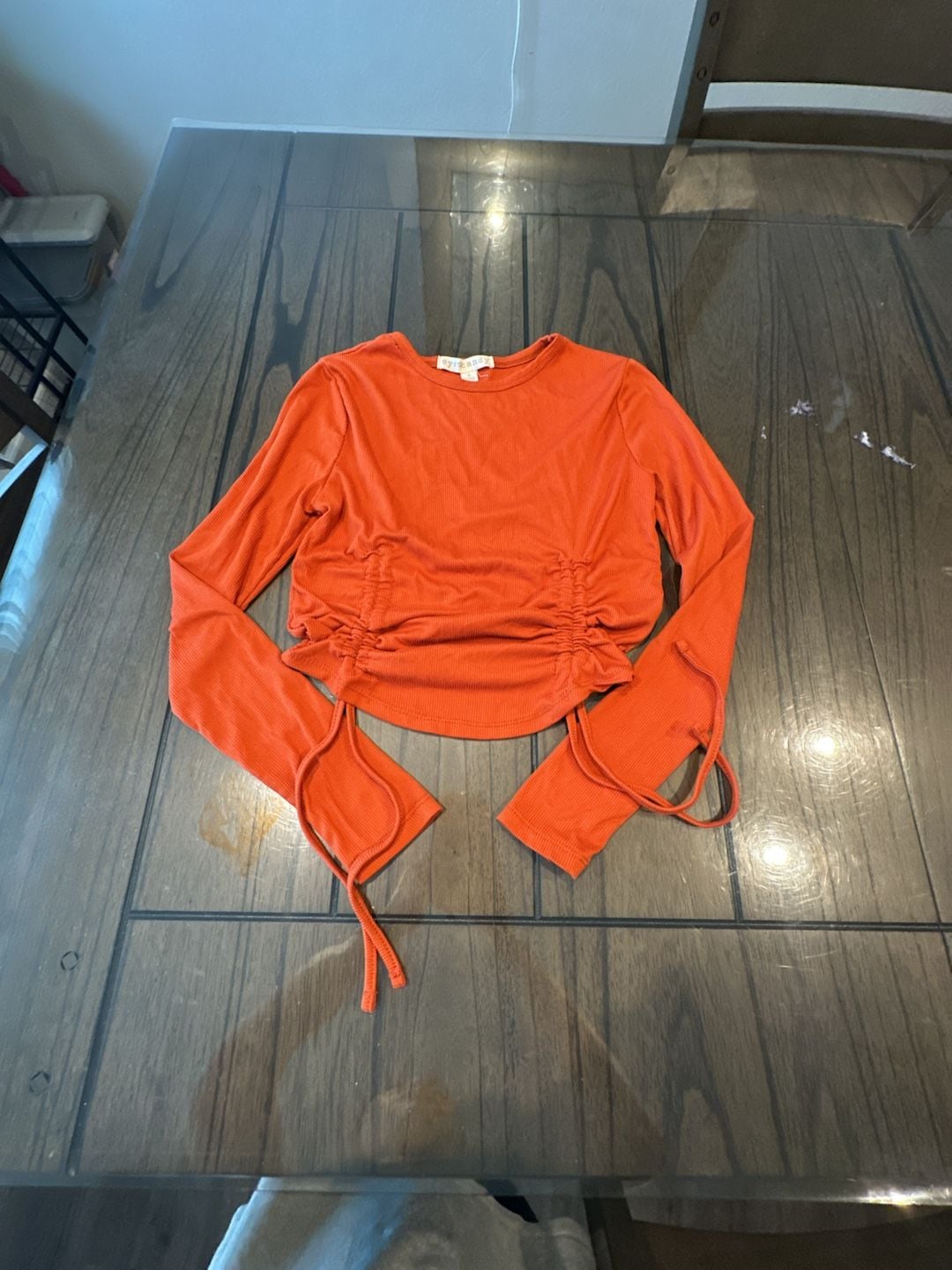 Eyes Candies Orange Ribbed Long Sleeve Crop Top with Ruched Sides 2
