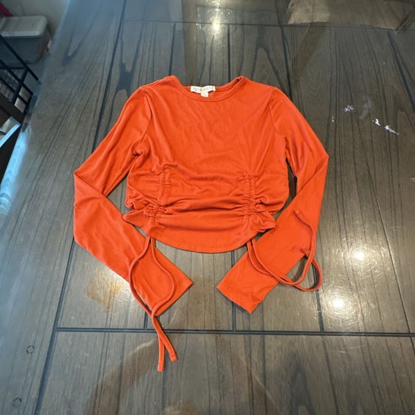 Eyes Candies Orange Ribbed Long Sleeve Crop Top with Ruched Sides
