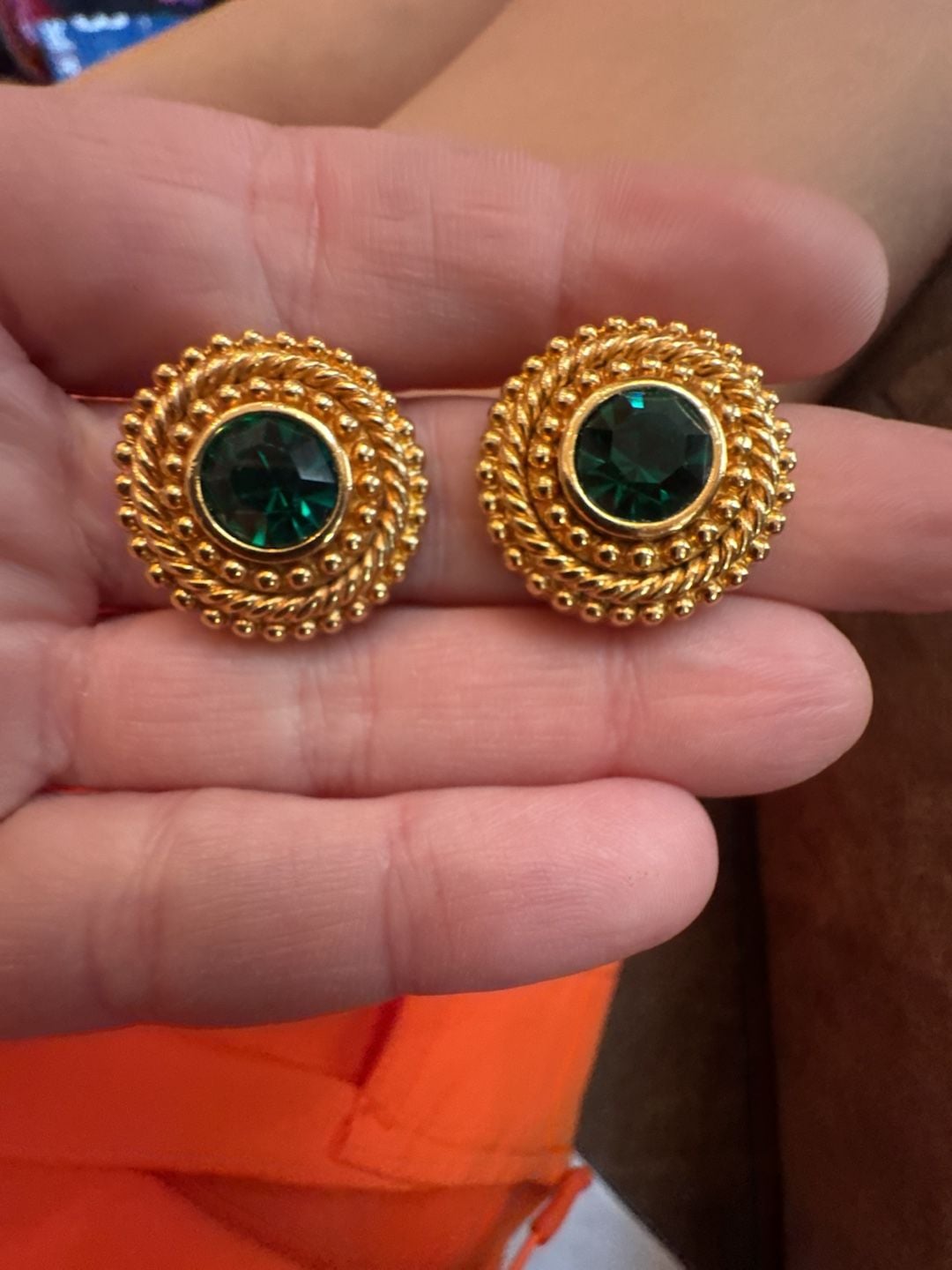 Swarovski Vintage Emerald Green Crystal Gold-Plated Etruscan Style Clip-On Earrings 2