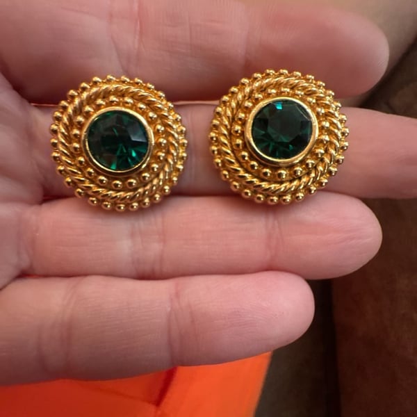 Swarovski Vintage Emerald Green Crystal Gold-Plated Etruscan Style Clip-On Earrings