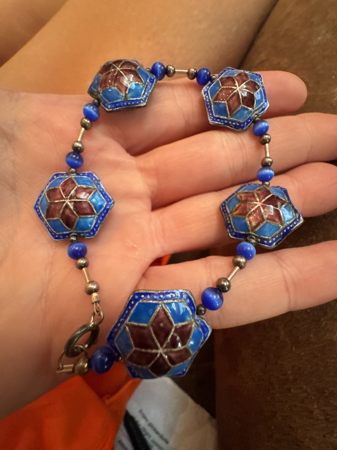 Vintage Cloisonne Enamel Star Hexagon Bead Bracelet Blue and Red 1