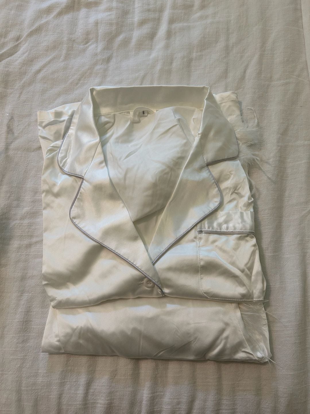 White Satin Feather Trim Long Sleeve Button Down Pajama Set Size S 1