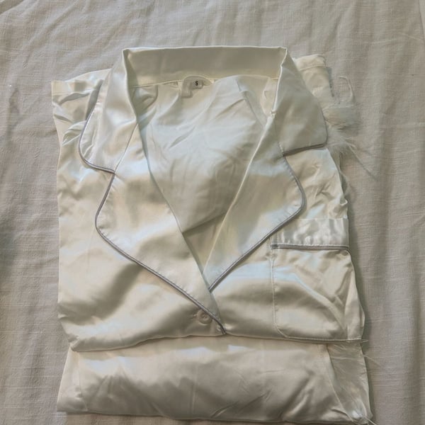 White Satin Feather Trim Long Sleeve Button Down Pajama Set Size S