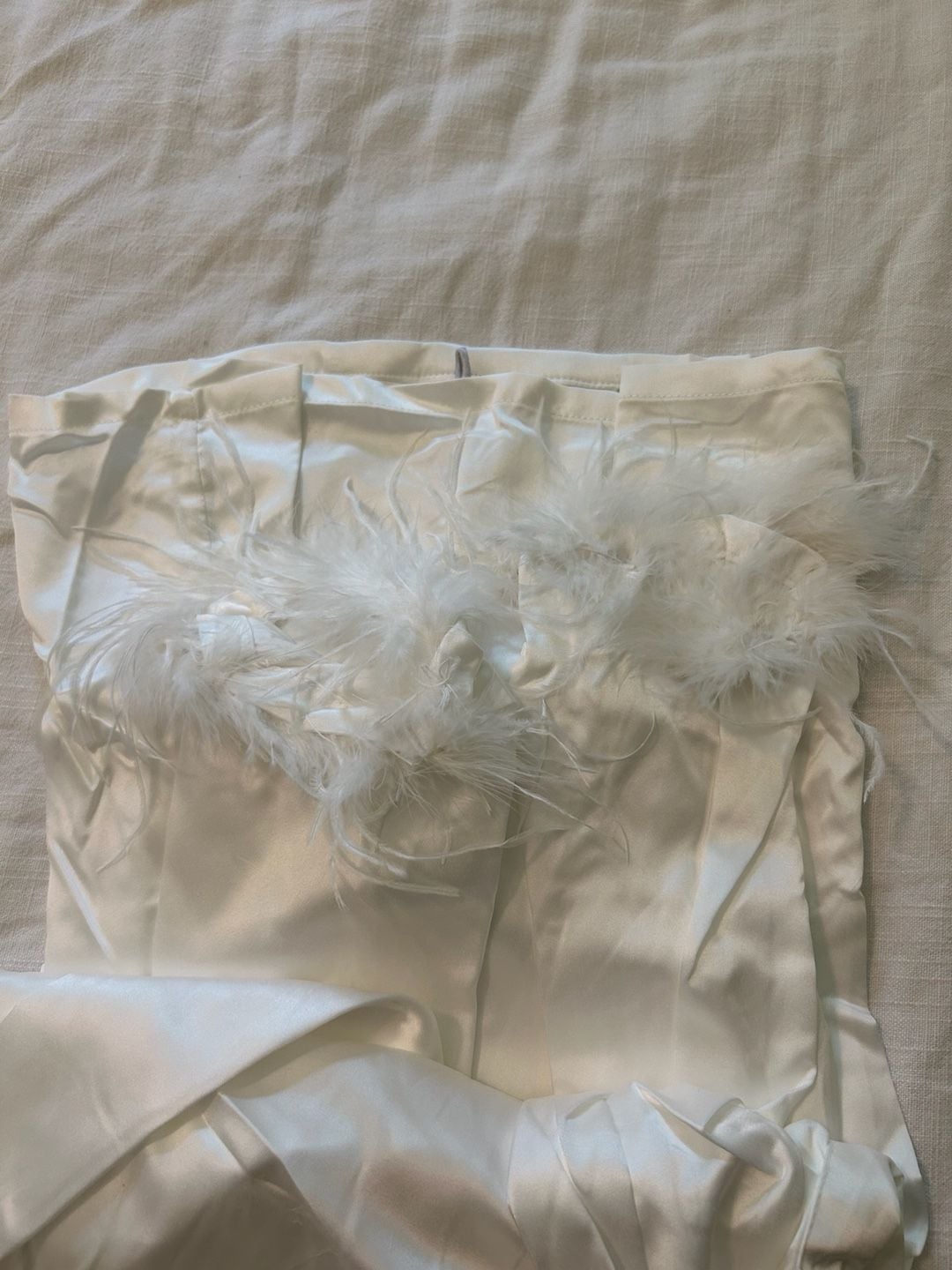 White Satin Feather Trim Long Sleeve Button Down Pajama Set Size S 3