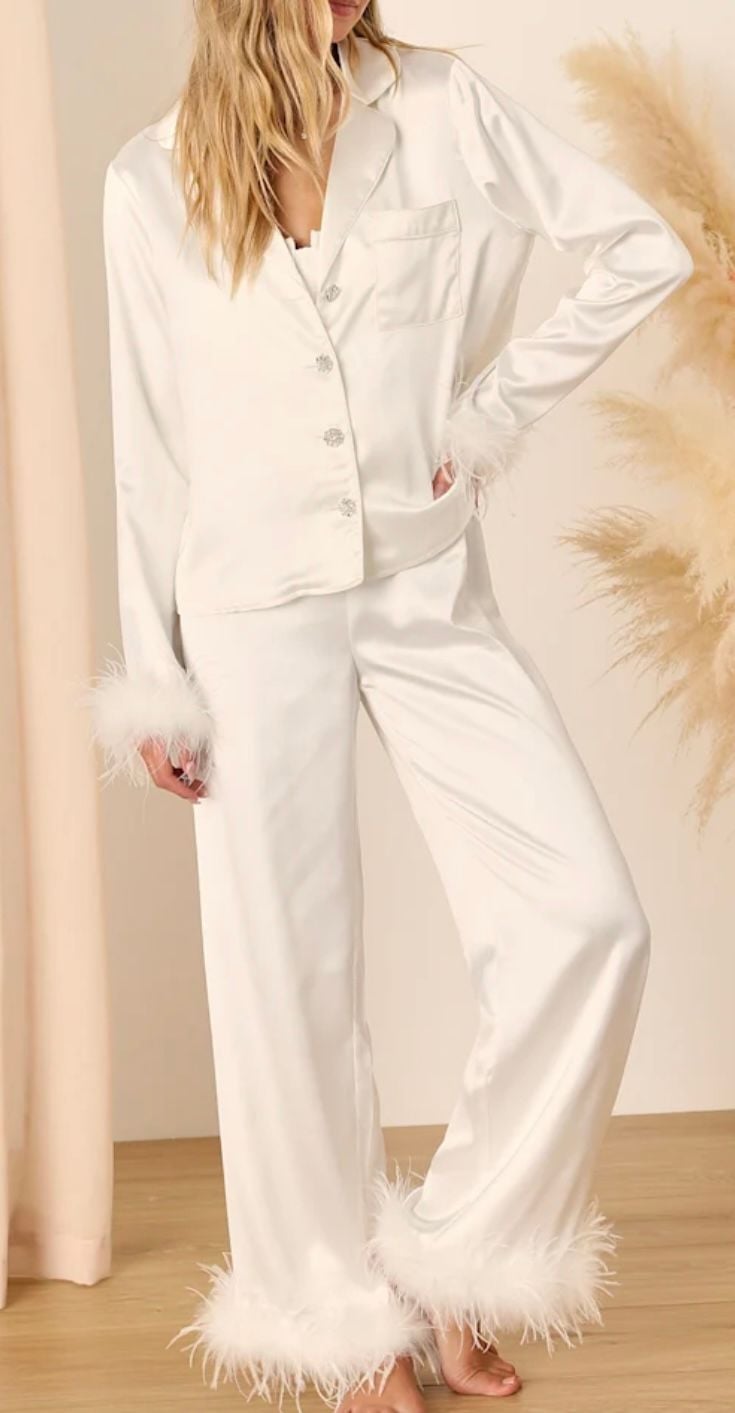 White Satin Feather Trim Long Sleeve Button Down Pajama Set Size S 4