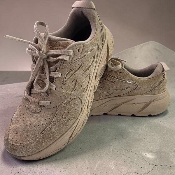 HOKA Clifton L Suede Shifting Sand Dune Sneakers
