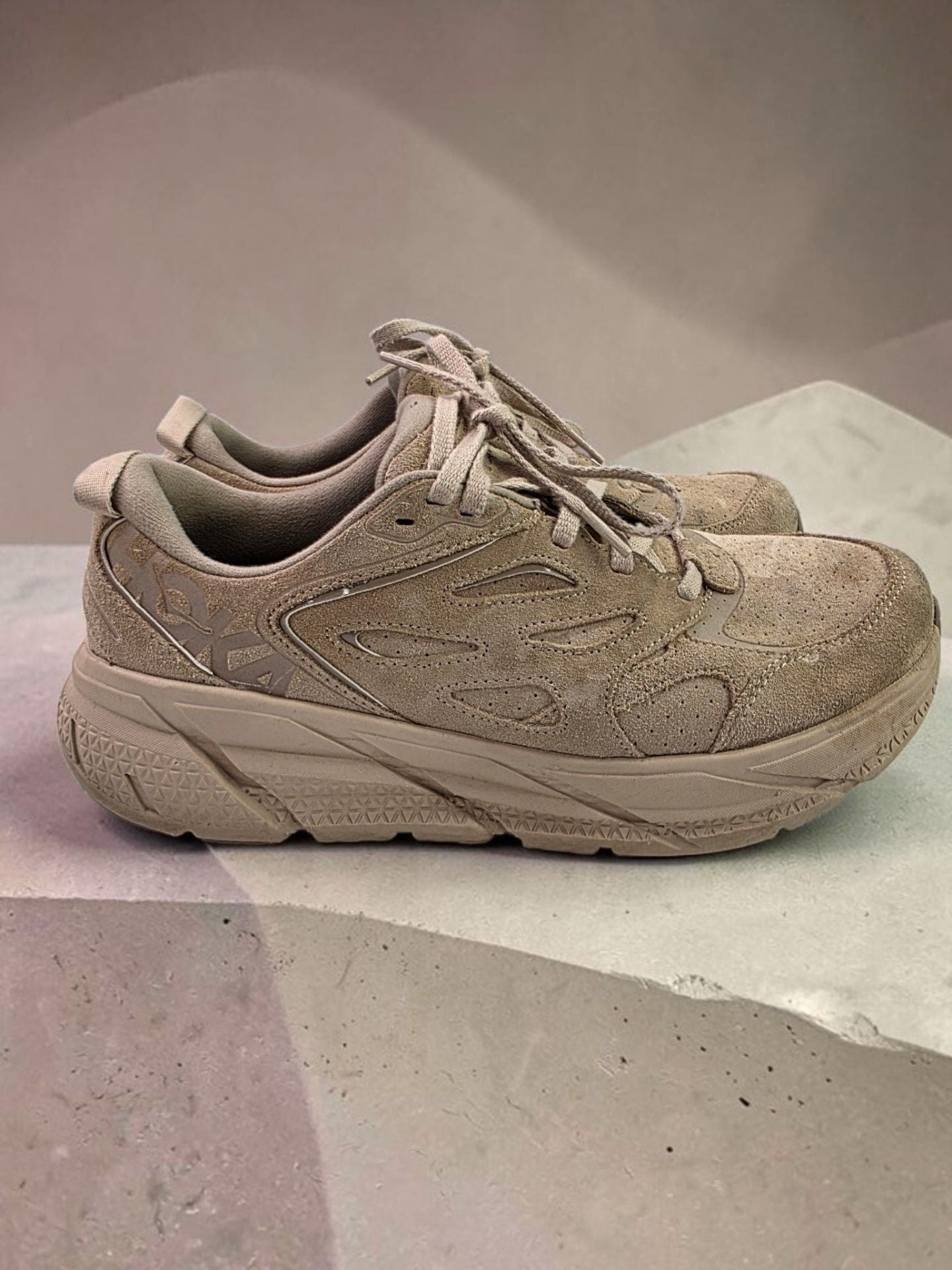 HOKA Clifton L Suede Shifting Sand Dune Sneakers 7