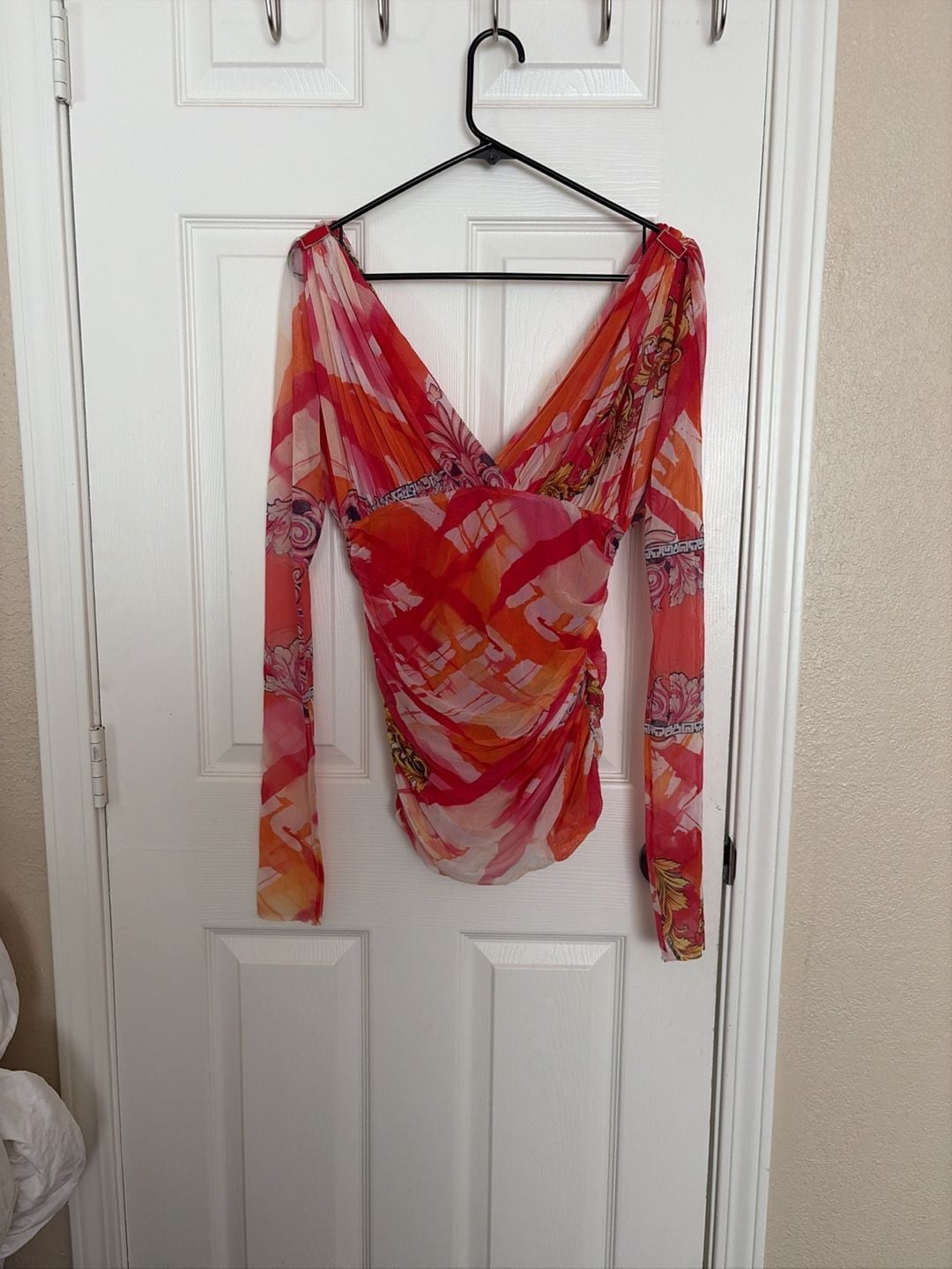 Versace Collection Long Sleeve Ruched Mesh Top Coral Stampa 2