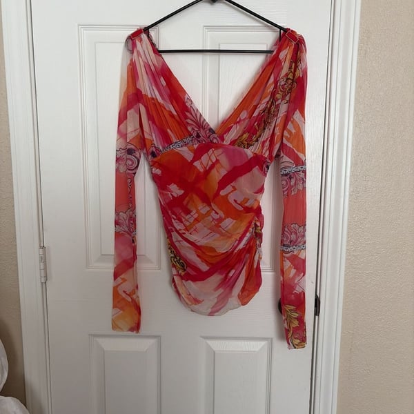 Versace Collection Long Sleeve Ruched Mesh Top Coral Stampa
