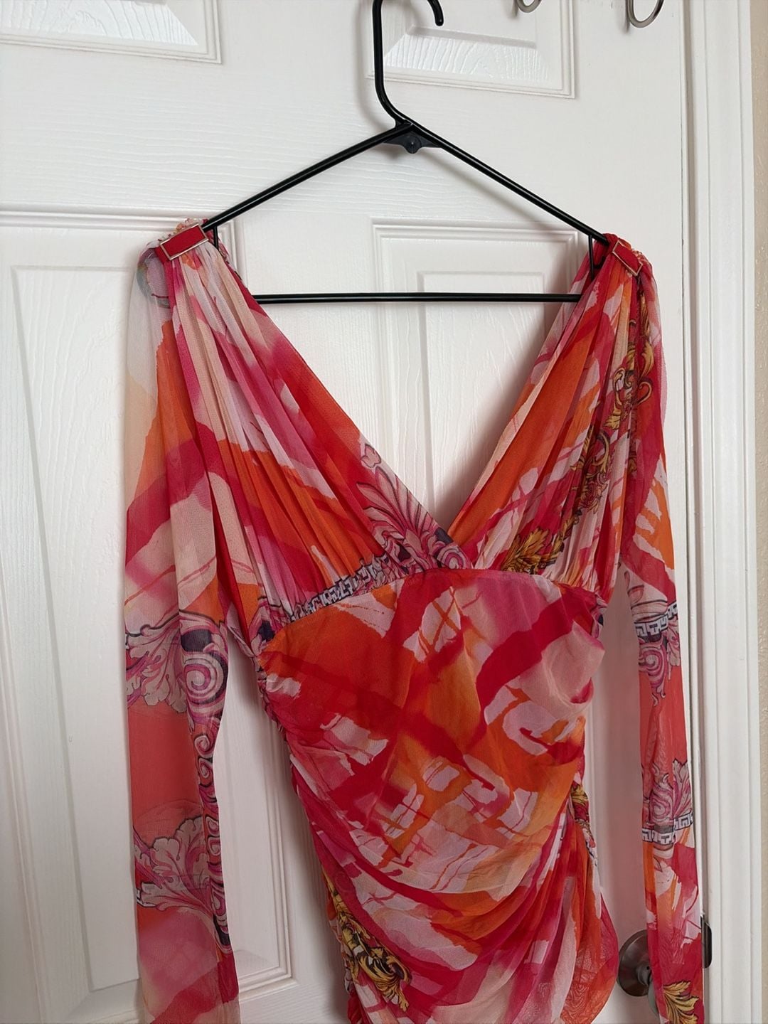 Versace Collection Long Sleeve Ruched Mesh Top Coral Stampa 3