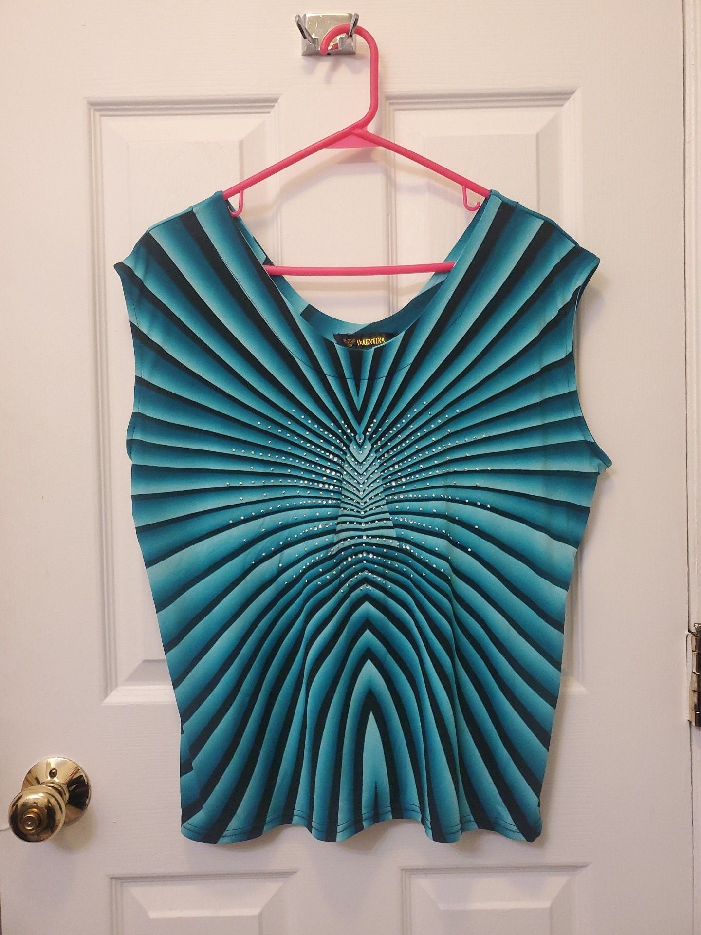 VTG Y2K Valentina Teal Optical Illusion Rhinestone Cyber Rave Slinky Shirt 1X 3