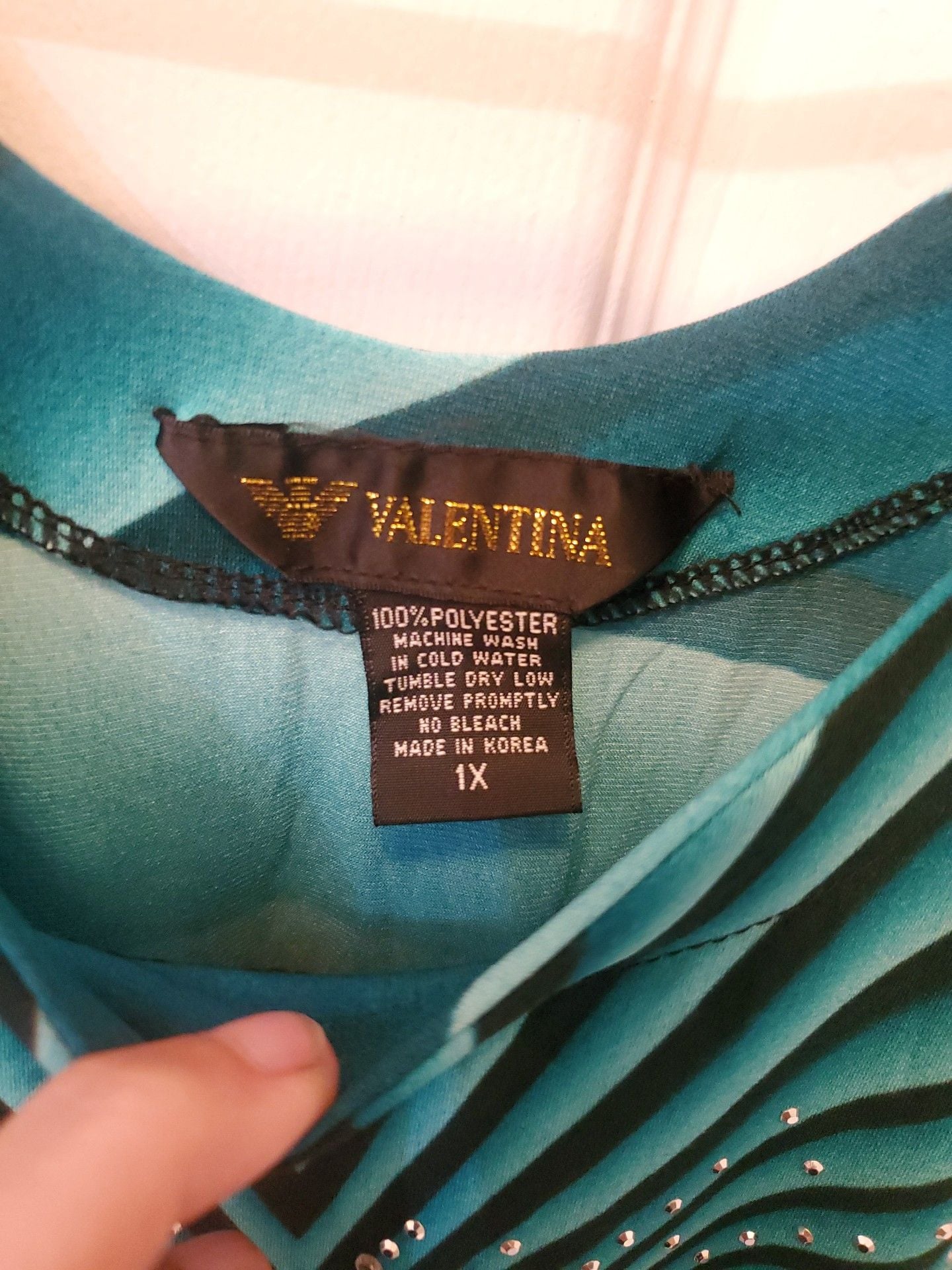 VTG Y2K Valentina Teal Optical Illusion Rhinestone Cyber Rave Slinky Shirt 1X 4