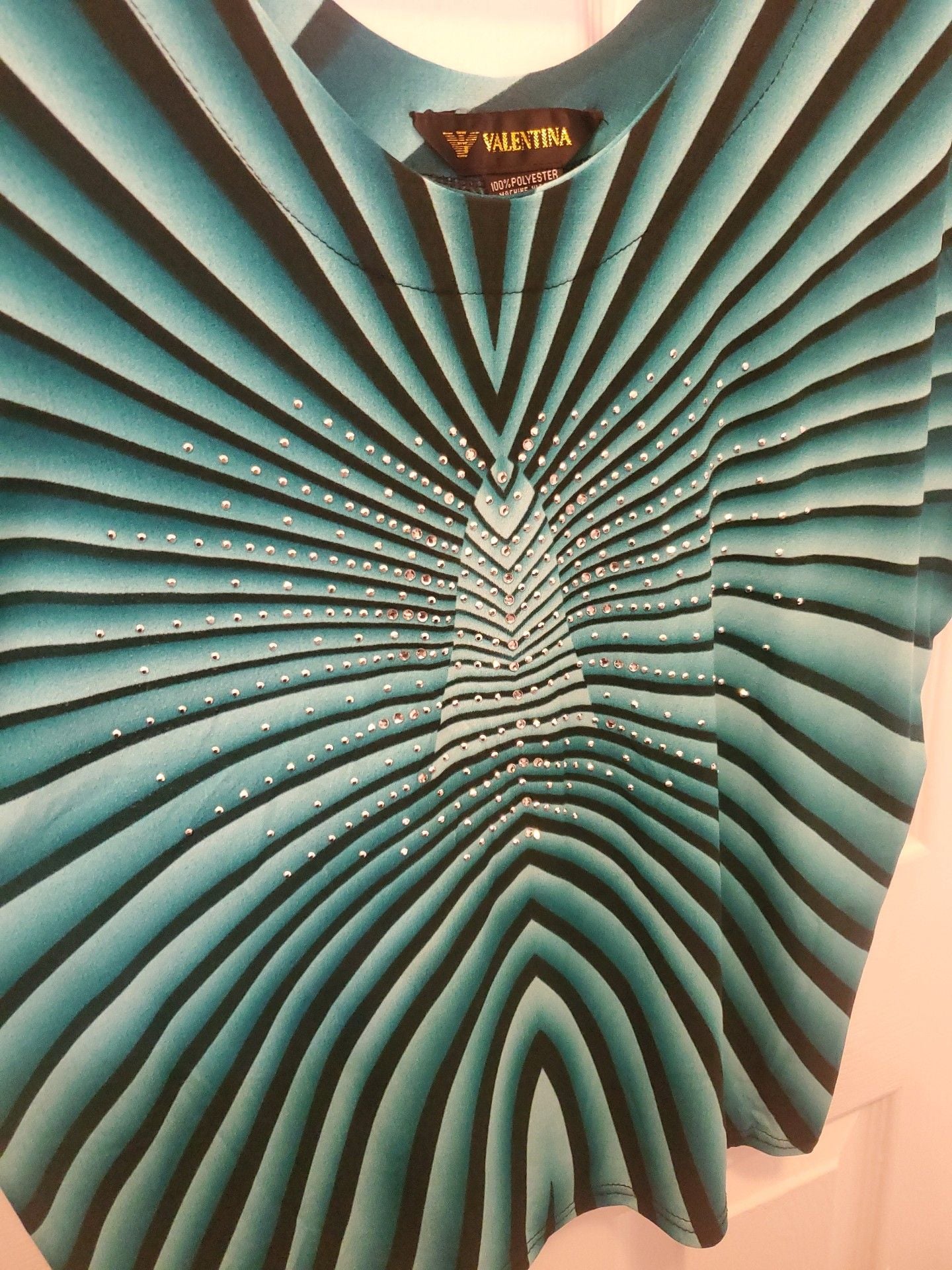 VTG Y2K Valentina Teal Optical Illusion Rhinestone Cyber Rave Slinky Shirt 1X 2