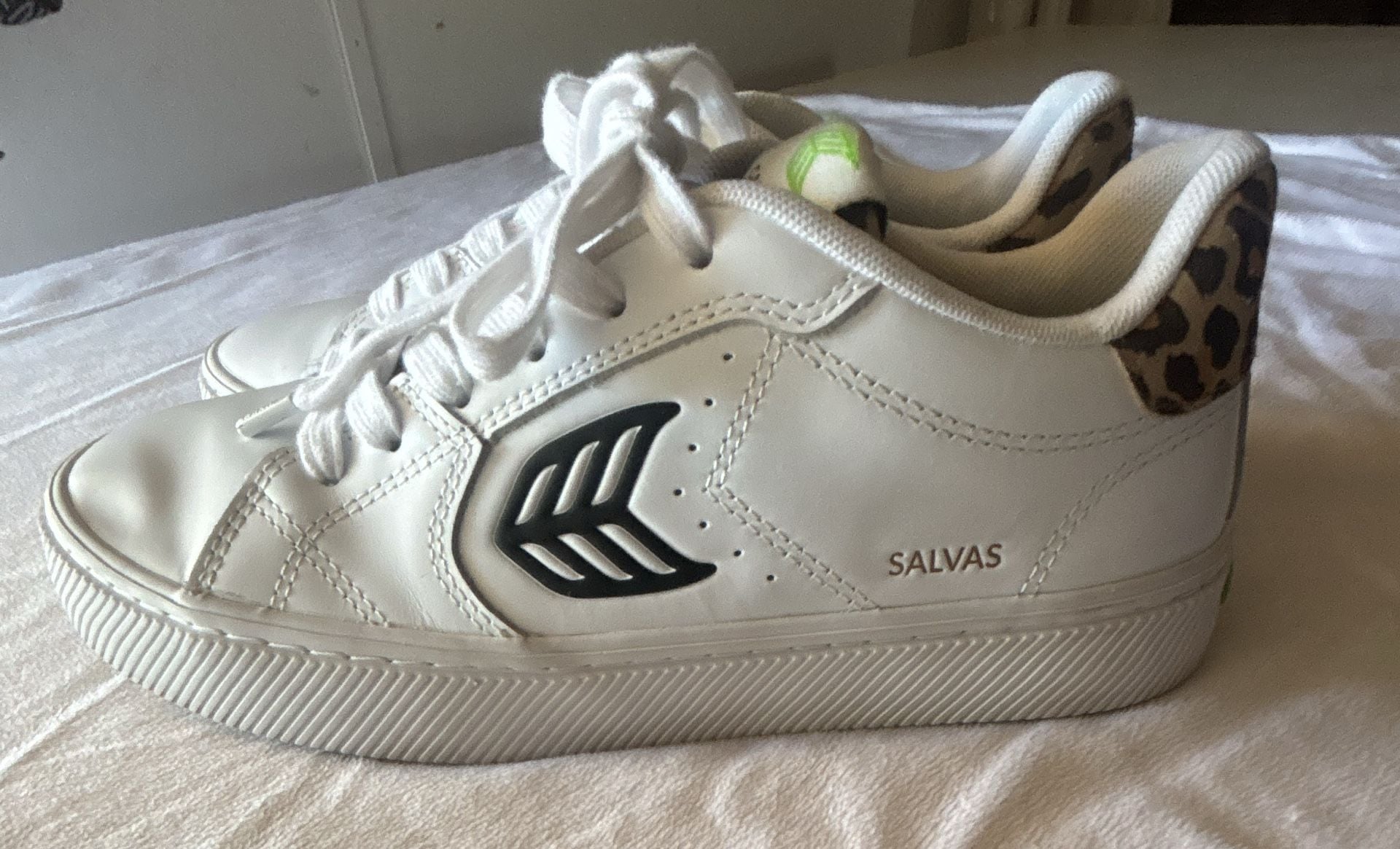 Cariuma Salvas White Leather Black Logo Leopard Print Sneaker 3