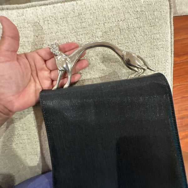 Sasha Vintage Black Shimmery Evening Bag with Silver Metal Cat Panther Handle