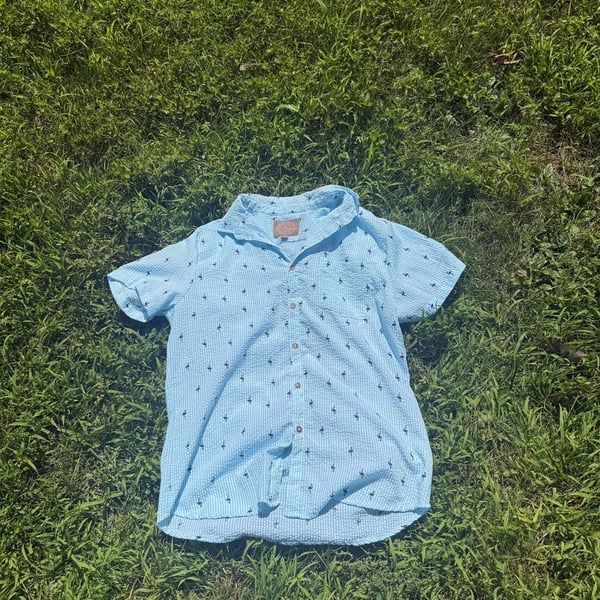 Weathergear Men's Blue Seersucker Short Sleeve Flamingo Print Button Down Shirt Size L