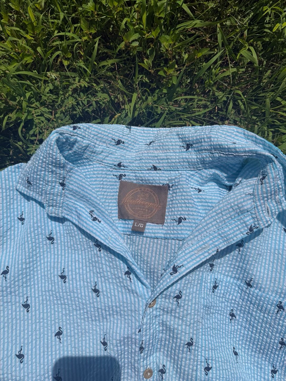 Weathergear Men's Blue Seersucker Short Sleeve Flamingo Print Button Down Shirt Size L 3