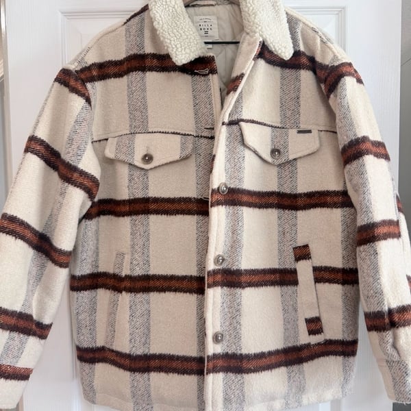 Billabong Women's Lucky Charm Plaid Faux Shearling Collar Jacket Size L
