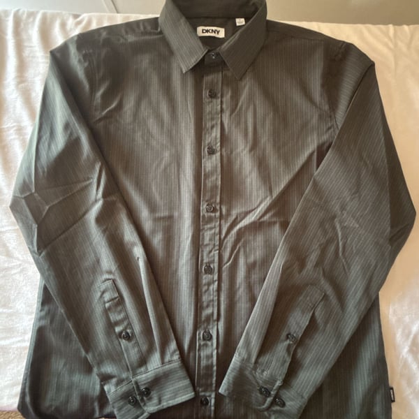 DKNY Mens Green Pinstripe Long Sleeve Button Down Shirt Size L