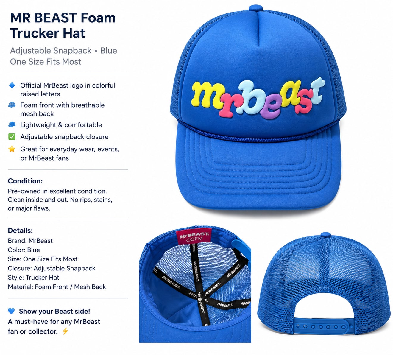 MrBeast Foam Trucker Hat Blue Adjustable Snapback 2