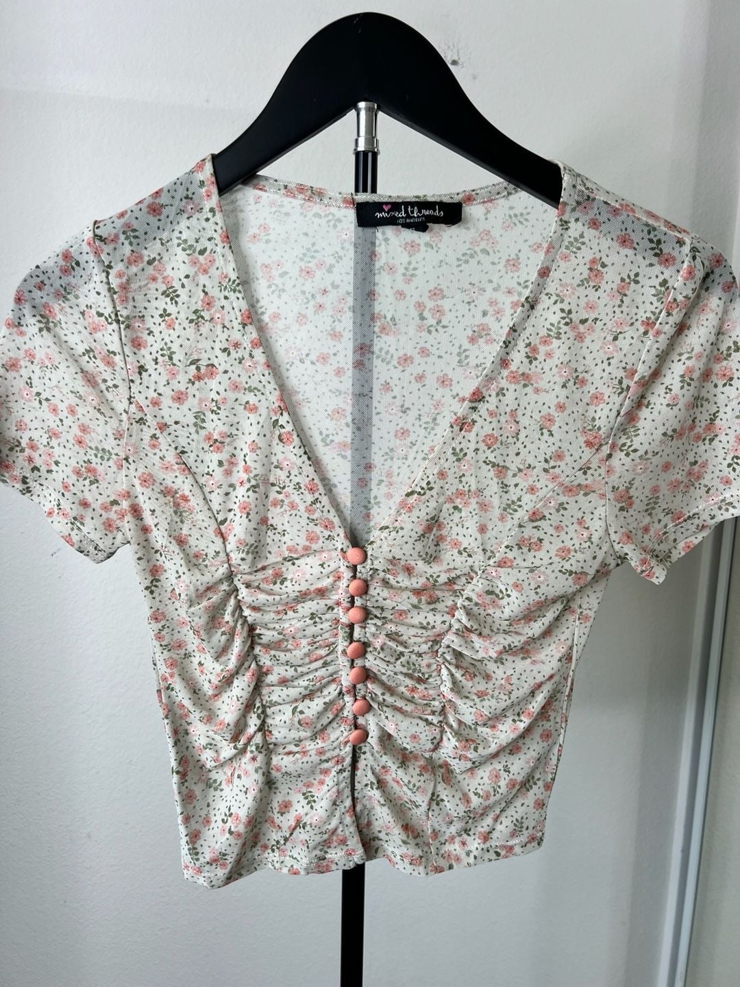 Y2K Coquette Floral Mesh Ruched Button-Front Crop Top Size S 2