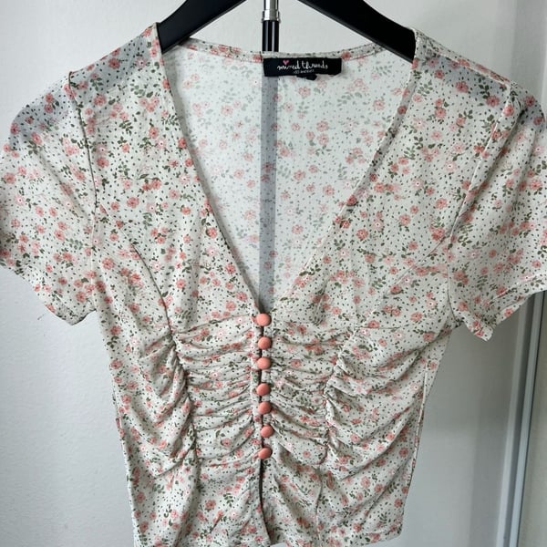 Y2K Coquette Floral Mesh Ruched Button-Front Crop Top Size S