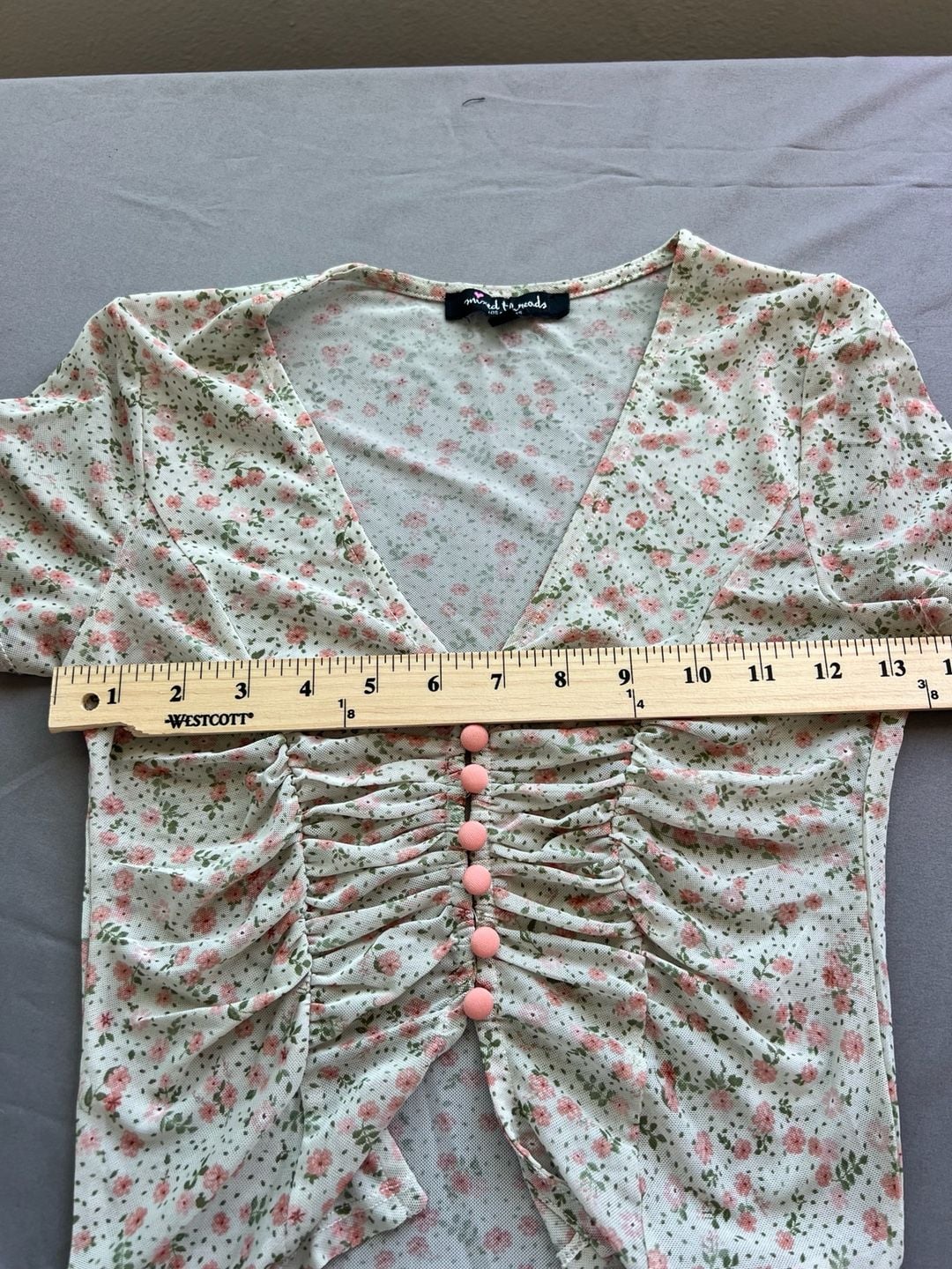 Y2K Coquette Floral Mesh Ruched Button-Front Crop Top Size S 8