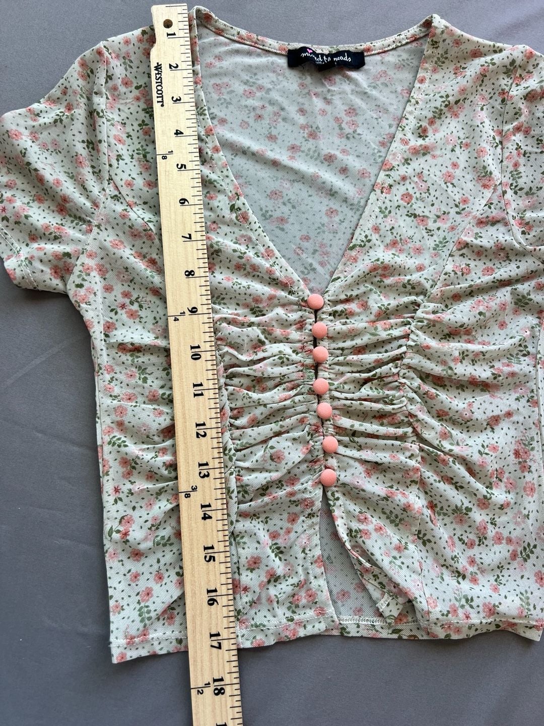 Y2K Coquette Floral Mesh Ruched Button-Front Crop Top Size S 9