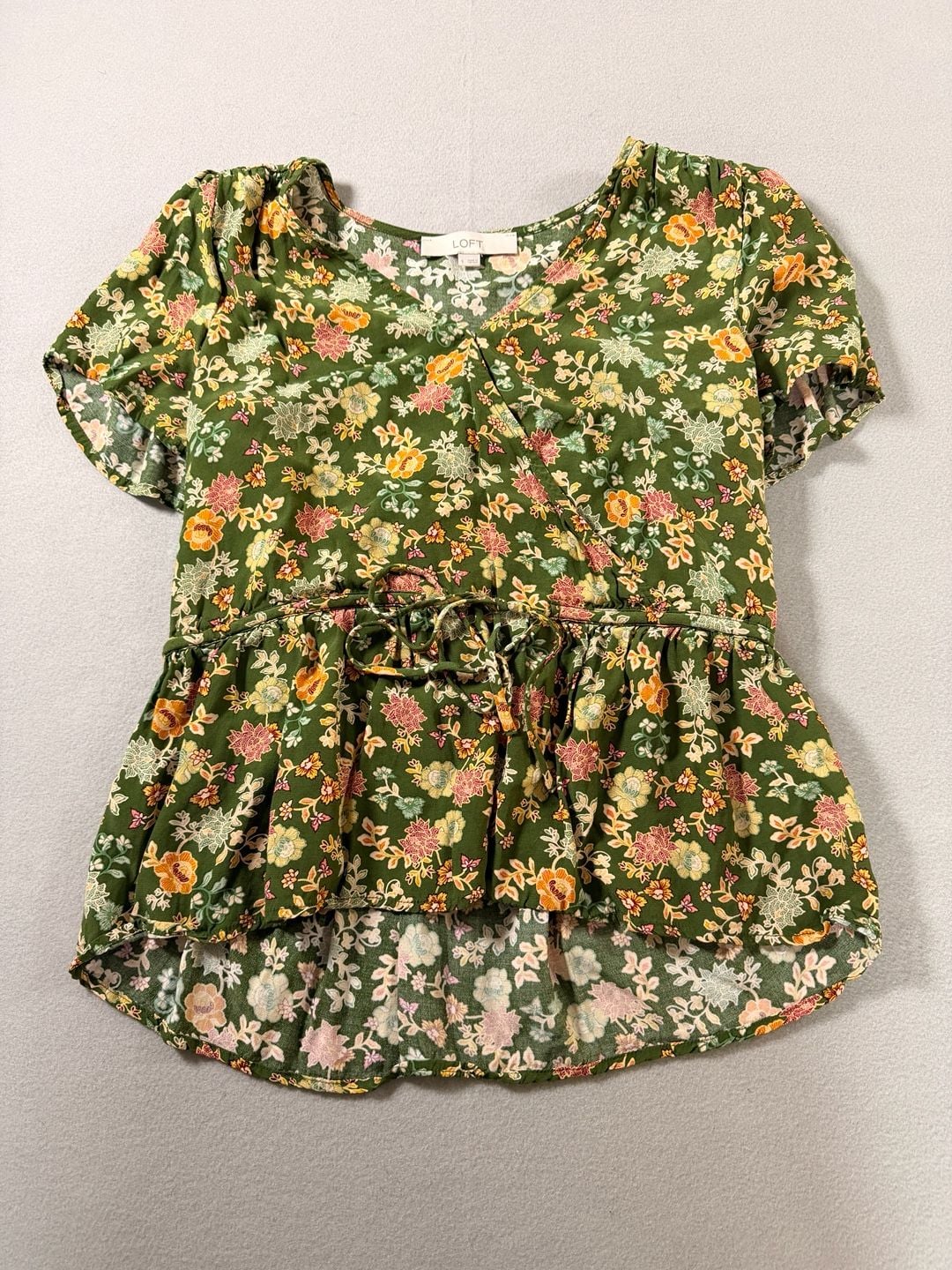 LOFT Green Floral Faux Wrap Peplum Blouse with Tie Waist Size S 2