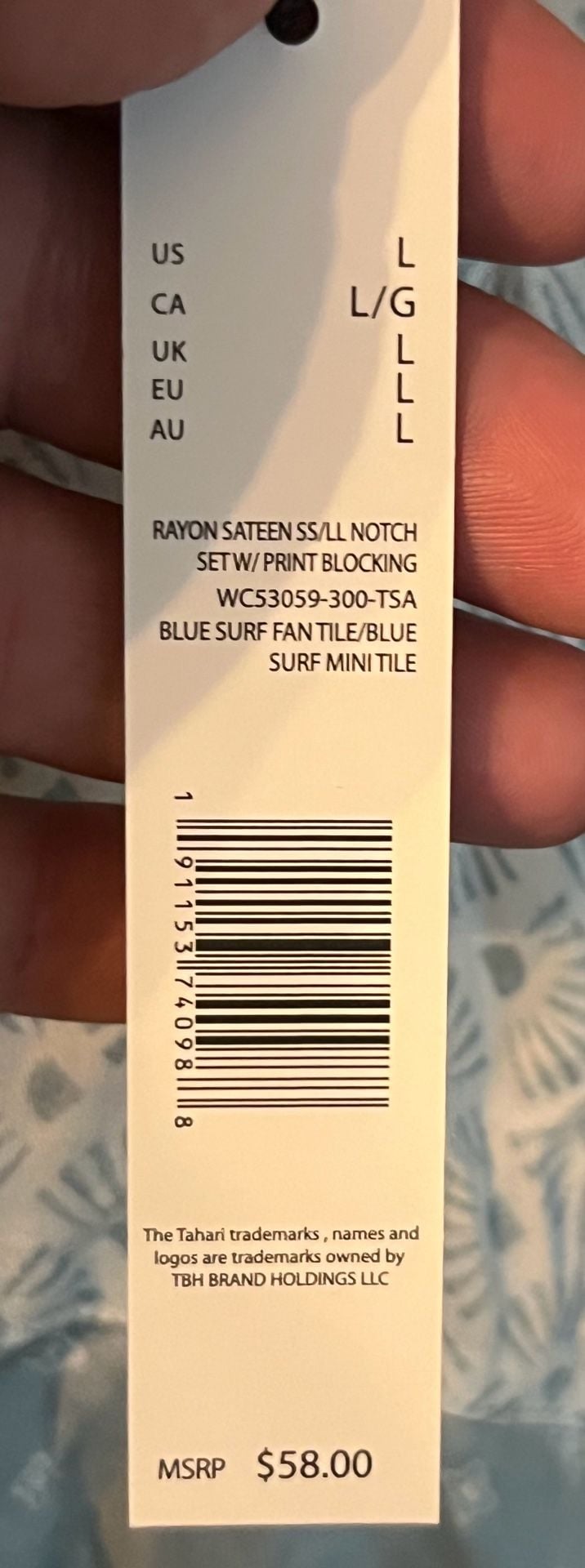 Tahari Rayon Sateen SS/LL Notch Set Blue Surf Fan Tile Size L 5