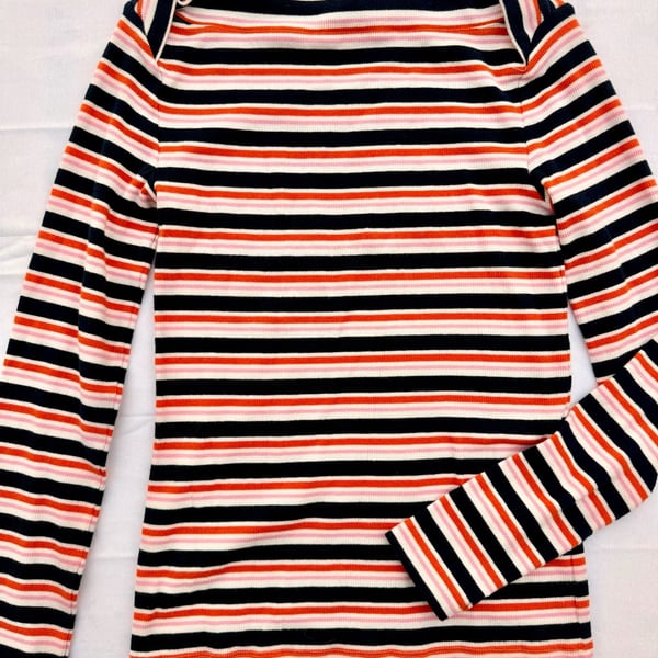LOFT Striped Ribbed Long Sleeve Boatneck Top, Size XS, Navy, Orange, and Pink Stripes