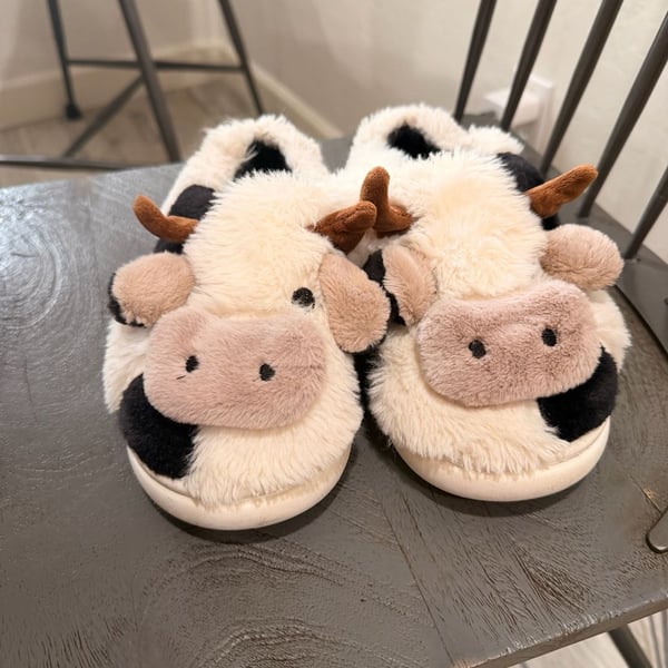 XIXITIAO Cute Cow Fluffy Plush Warm Non-Slip House Slippers Size 36-37