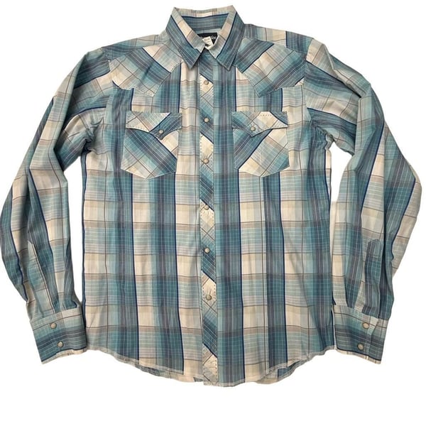 Wrangler Mens Blue Plaid Long Sleeve Western Pearl Snap Shirt Size M