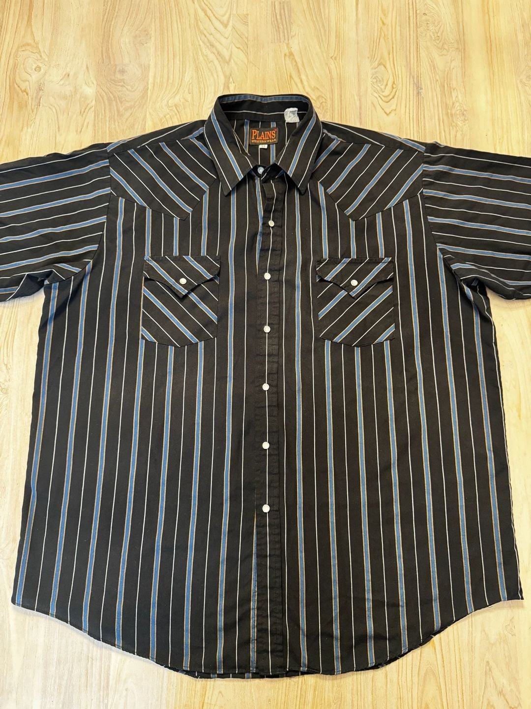 Plains Western Wear Short Sleeve Striped Pearl Snap Shirt Men XL Black Blue 2