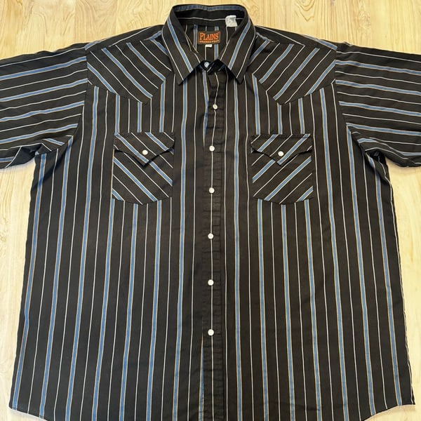Plains Western Wear Short Sleeve Striped Pearl Snap Shirt Men XL Black Blue