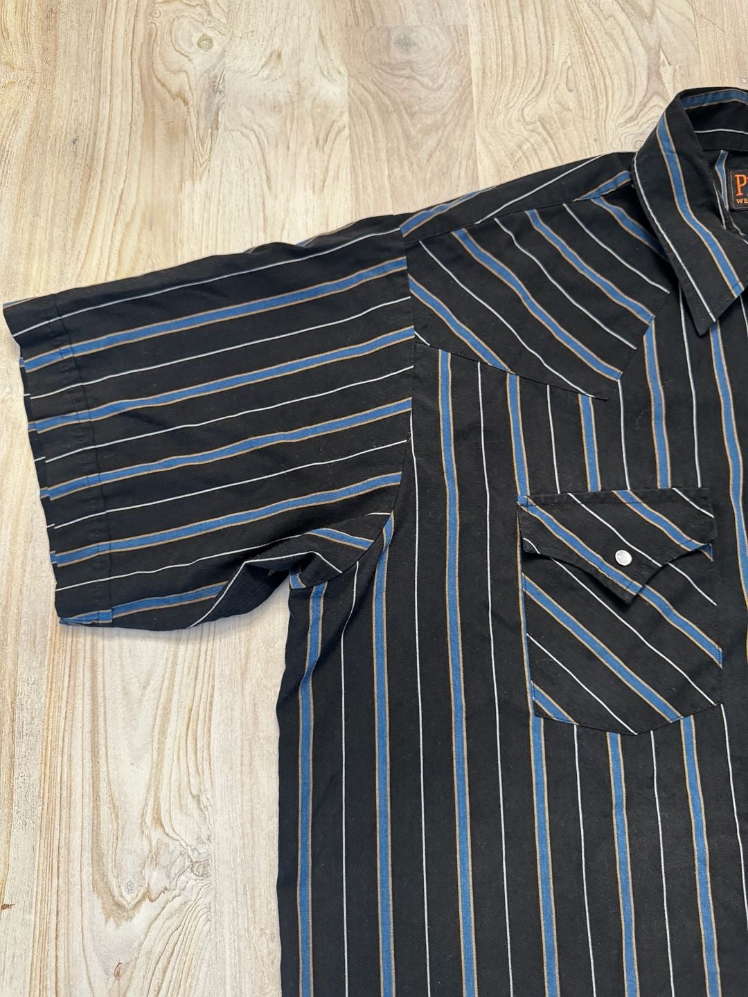 Plains Western Wear Short Sleeve Striped Pearl Snap Shirt Men XL Black Blue 3